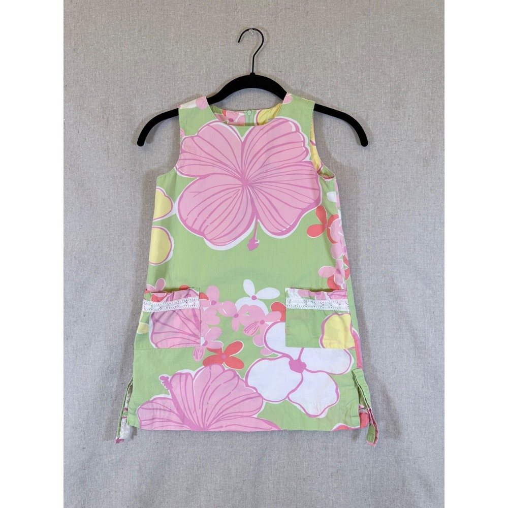Vintage Lilly Pulitzer Girls Hibiscus Shift Dress Green Pink w/ Lace Pockets 6X
